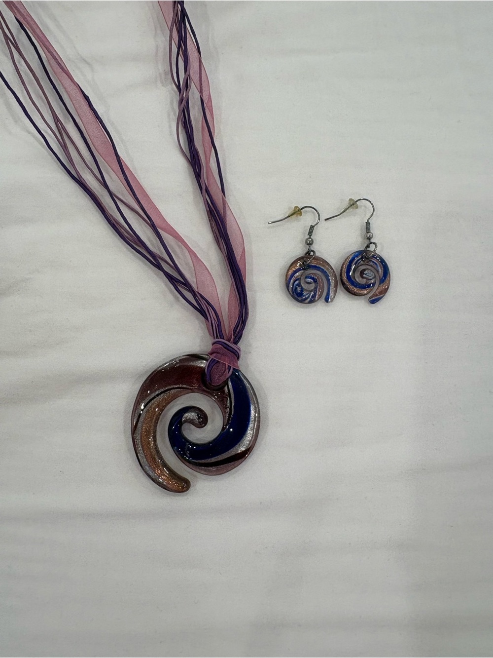 Swirl Glass Pendant Necklace and Earrings Set - Purple/Silver/Blue from Greece